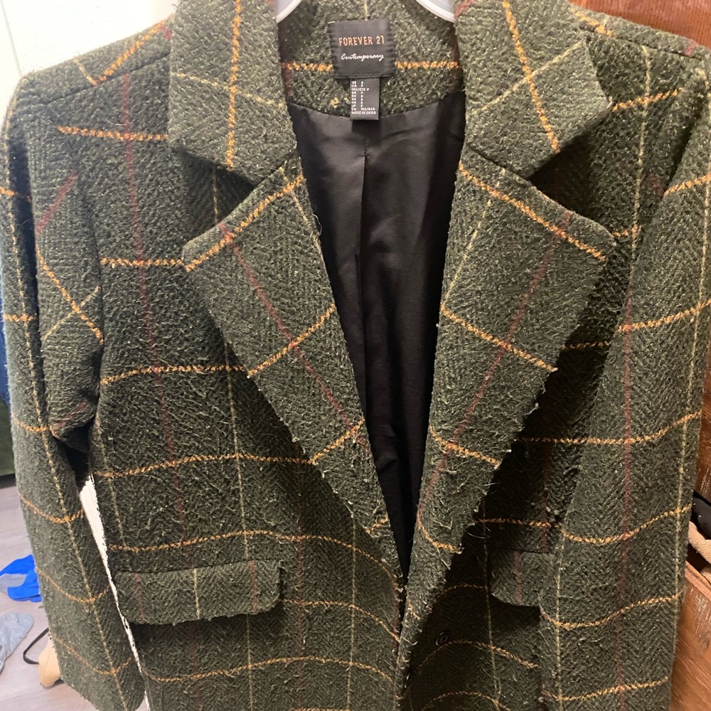 Forever 21 wool plaid green coat